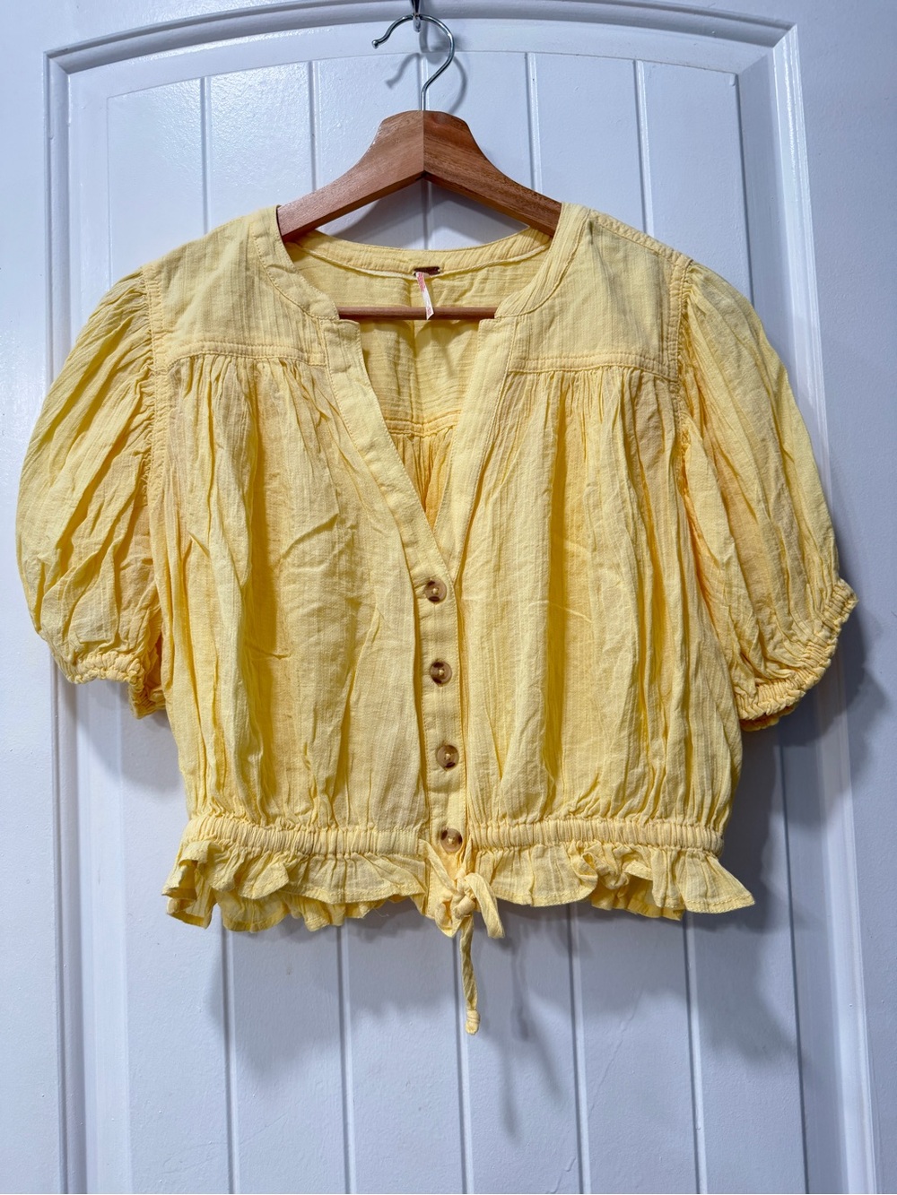 Free People Yellow Button-Front Puff Sleeve Crop Top